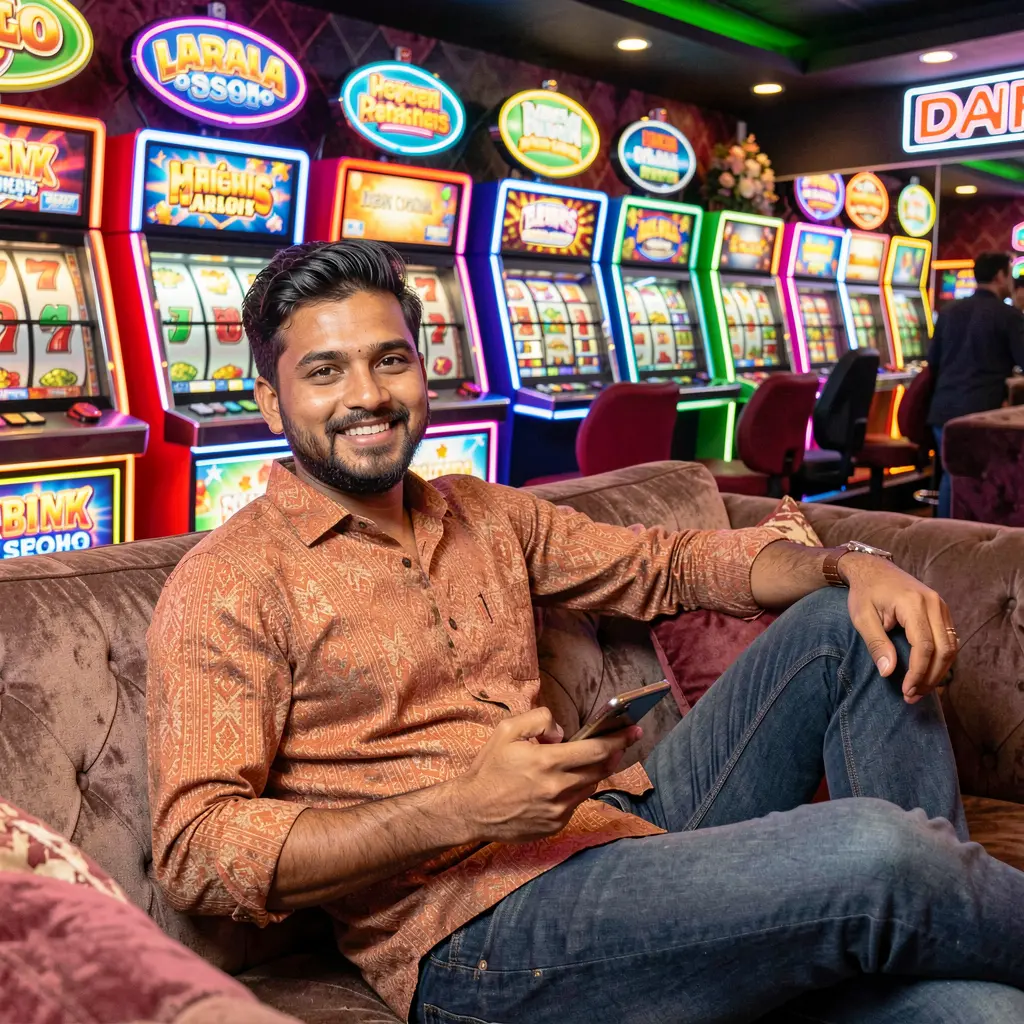 Confident Bangladeshi man using the JYJILLI casino app on his phone with colorful slot machines and neon lights behind him