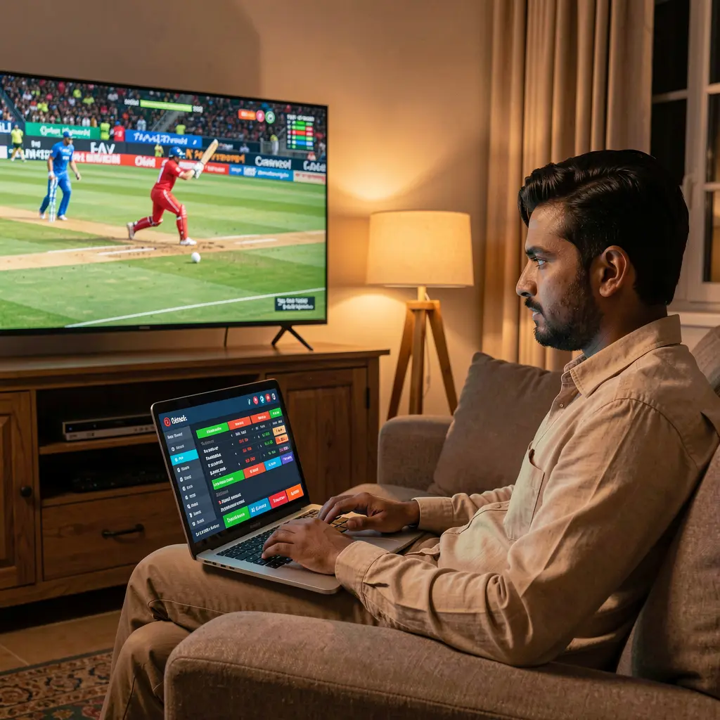 Confident Bangladeshi bettor analyzing live cricket odds on the JYJILLI betting platform from a laptop in a modern home setting