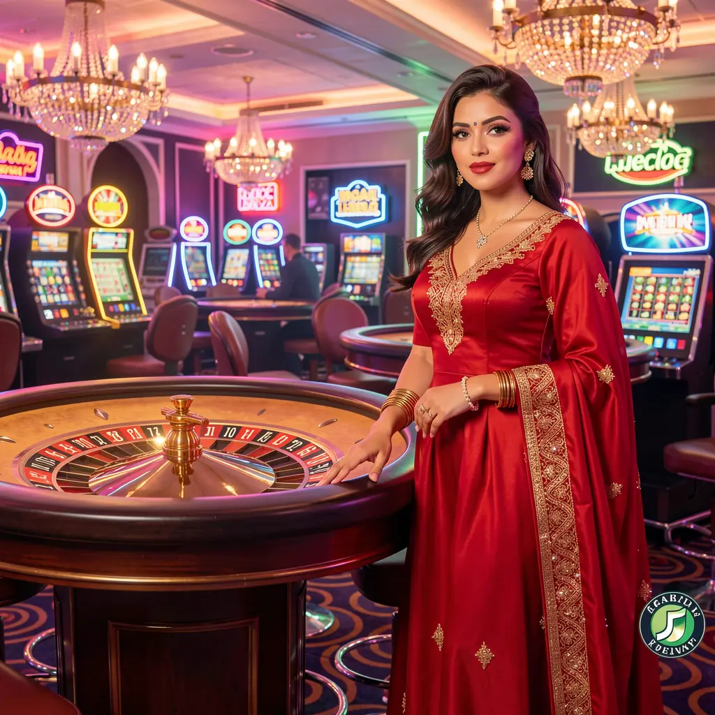 Stylish female player in a traditional red dress enjoying a high energy roulette table surrounded by neon casino lights at JYJILLI casino platform in Bangladesh