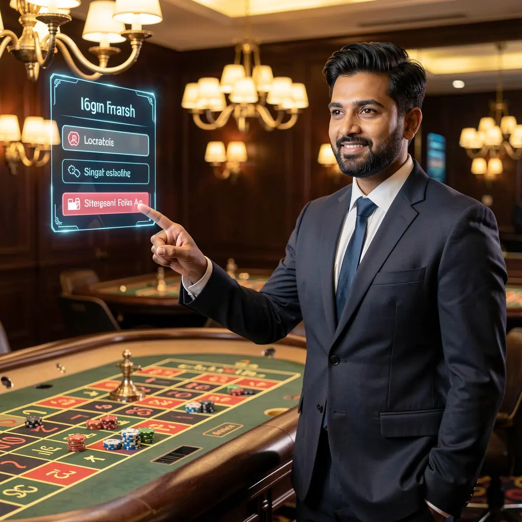 Elegant Bangladeshi casino host interacting with a glowing digital login panel above a roulette table at JYJILLI
